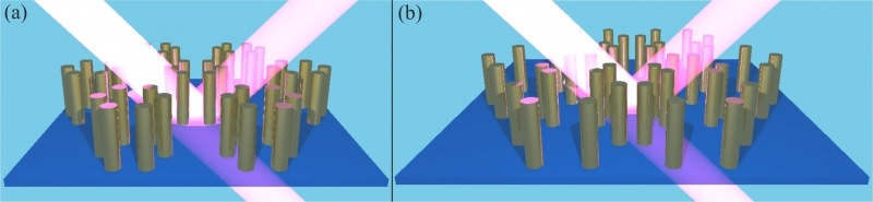 Рисунок метаповерхностей, исследованных в работе: (a) Топологически тривиальная структура. (b) Топологически нетривиальная структура Рисунок метаповерхностей, исследованных в работе: (a) Топологически тривиальная структура. (b) Топологически нетривиальная структура